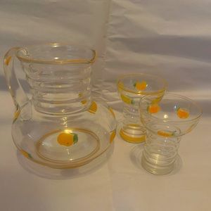 Vintage Mid Century Glass Pitcher & Cups - Hand painted Oranges- Possibly Dunbar